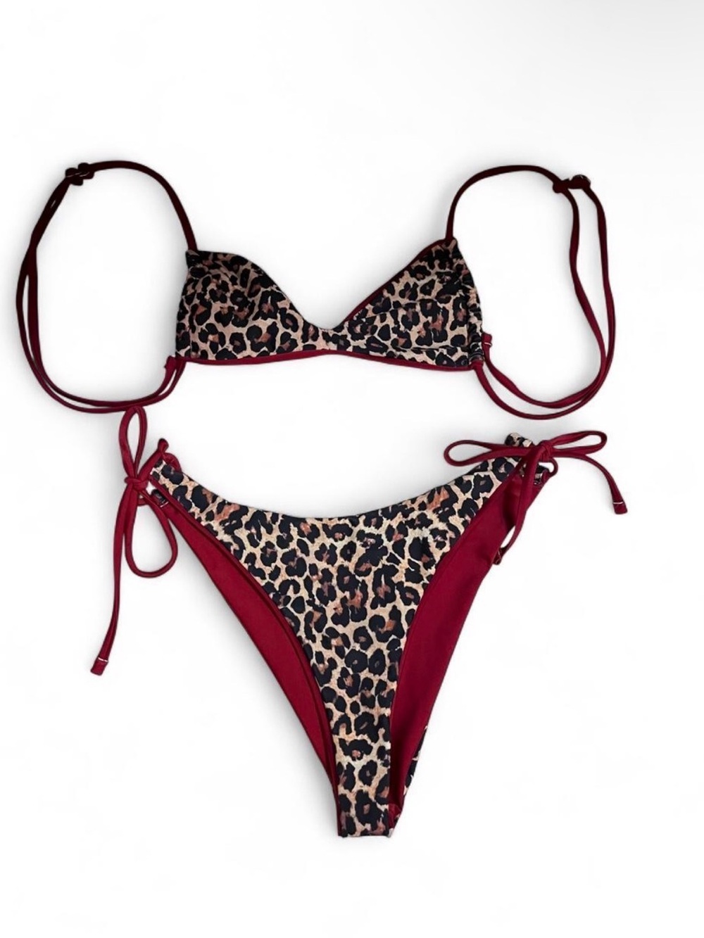 Leopard Print Tie-Side Bikini Set in Burgundy
